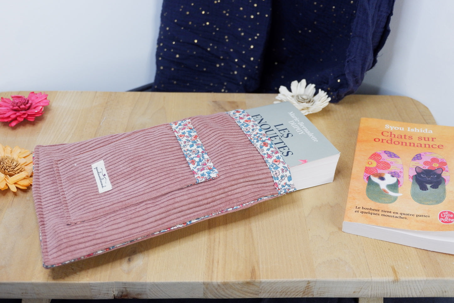 Pochette pour livre de poche Vieux rose et fleuri